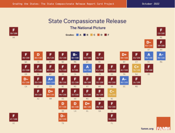 map of America prepared by FAMM.org depicting states that have compassionate release. notably Florida is missing