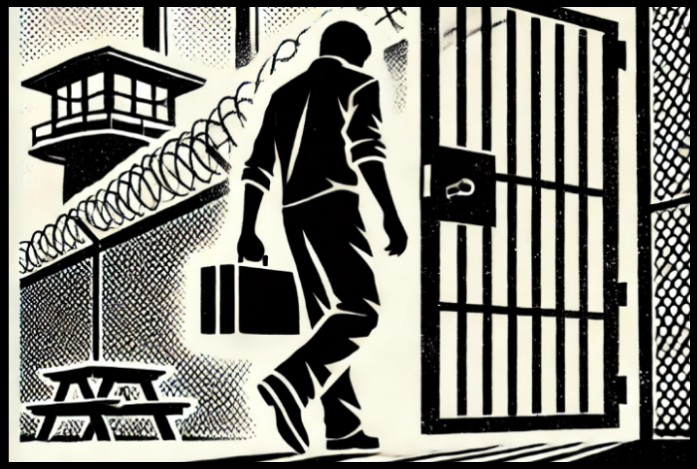 black and white posterized illustration of prisoner walking out gate with briefcase in hand